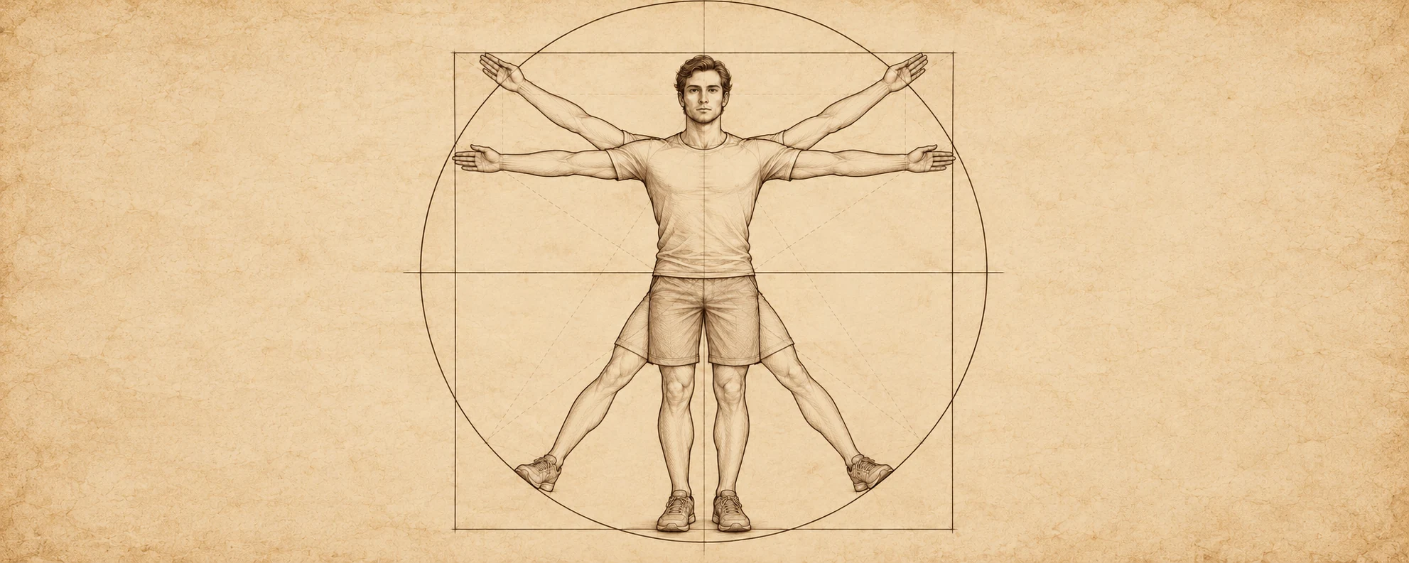 Interprétation par IA de l’étude des proportions associée à Léonard de Vinci : une figure dans un cercle et un carré, sans reproduire l’œuvre originale.